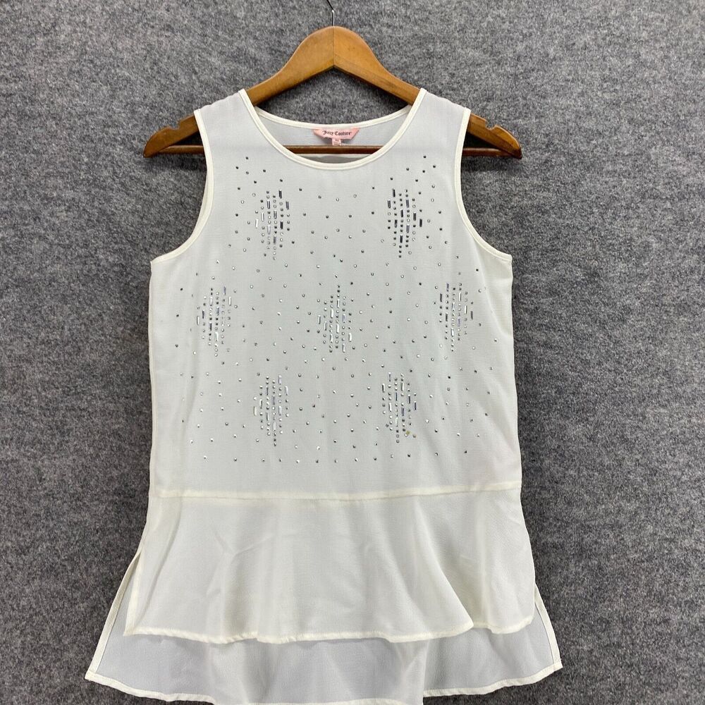 Juicy Couture Blouse Women XS White Rhinestone Crew Neck Sleeveless Wide Strap - Picture 3 of 9